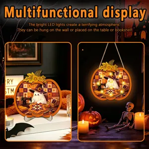 Halloween LED hanging wooden sign and desktop pumpkin ghost glowing ornament display