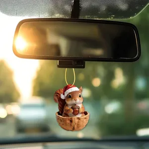 Cute squirrel car hanging ornament with Christmas hat in walnut shell for auto rearview mirror decor.
