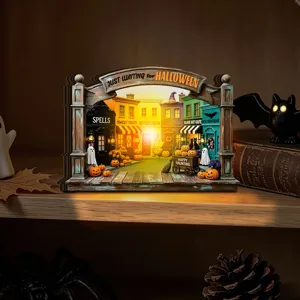 Halloween LED lighted wooden tabletop decoration spooky street diorama party decor for holiday display.