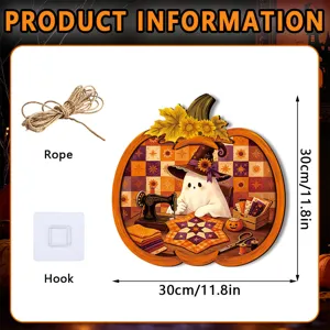 Halloween wooden pumpkin hanging sign with ghost sewing pattern, includes rope and hook.