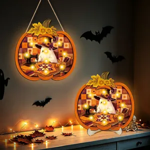 Halloween LED light-up wooden pumpkin hanging sign and cute tabletop ornament set