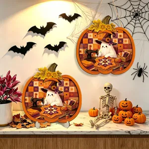 Halloween glowing wooden pumpkin ghost hanging sign and desktop decoration set for party.
