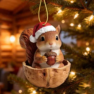 Christmas squirrel walnut shell hanging ornament, cute holiday tree decoration pendant.