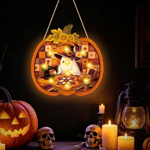 Halloween LED wooden hanging sign with cute ghost and pumpkin design, perfect for home decor.