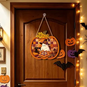 Halloween wooden hanging sign pumpkin ghost LED wall decor for holiday party home use