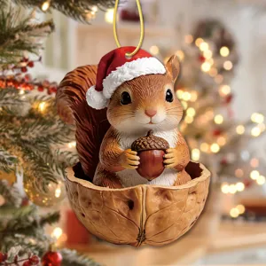 Christmas squirrel walnut shell hanging ornament, perfect for holiday tree and home decor detail.