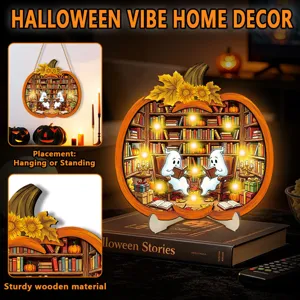 Halloween LED wooden pumpkin ornament spooky bookshelf ghost hanging standing decor!
