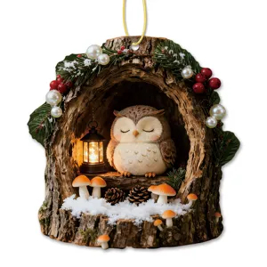 Cute acrylic tree hollow owl hanging ornament for winter Christmas holiday decoration.