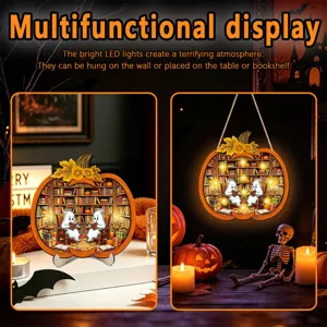 Halloween pumpkin bookshelf LED night light detail, hanging or desktop display, spooky decor.