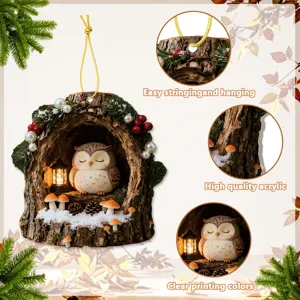 Acrylic owl tree hollow hanging ornament detail, showing high quality printing and easy stringing.