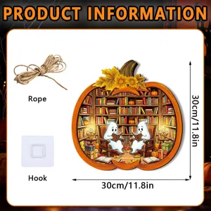 Halloween wooden pumpkin ghost sign with library scene, 30cm decorative wall hanging.
