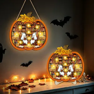 Halloween glowing wooden pumpkin hanging sign and table decor with LED lights and cute ghost scene.