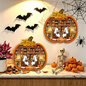 Halloween wooden glowing pumpkin decoration for wall hanging and desktop display holiday decor.