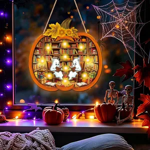 Detailed view of the Halloween glowing pumpkin hanging sign with cozy ghost reading bookshelf design.