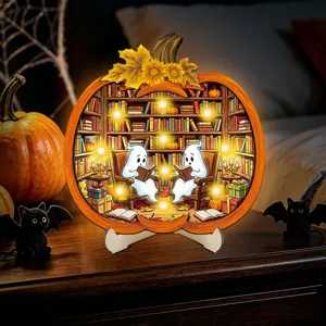 Halloween glowing wooden pumpkin bookshelf decoration tabletop ornament with lights.