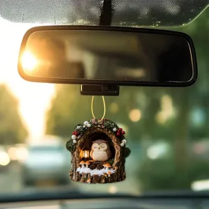 Detailed view of a cute owl tree hollow acrylic car hanging ornament with festive holiday decor.