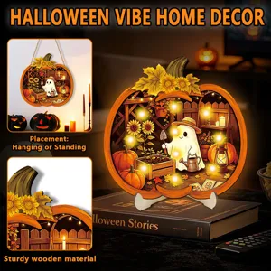 Halloween lighted wooden pumpkin hanging sign tabletop decor with cute ghost scene and warm lights.