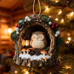 Christmas tree owl hollow ornament with LED lantern snow mushrooms hanging pendant decor.