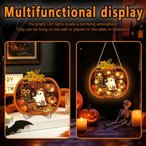 Halloween pumpkin wood hanging light detail view, LED glowing holiday decorative plaque.