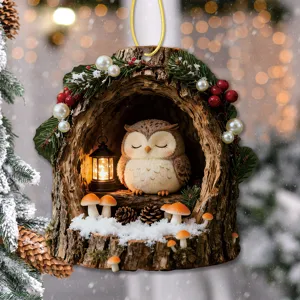 Christmas owl tree hole hanging ornament featuring cute sleepy animal and holiday decor