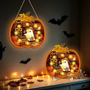 Halloween wooden pumpkin light hanging and desktop ornament, cute ghost scene with LED lighting.