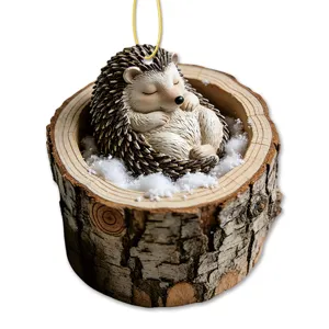 Cute sleeping hedgehog tree stump hanging ornament for Christmas tree home holiday decor.