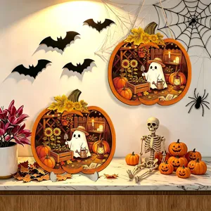 Detailed view of Halloween glowing pumpkin wooden hanging sign and cute desktop ornament scene