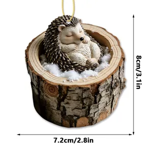 Cute sleeping hedgehog in tree stump hanging ornament, miniature resin animal decor for your home.