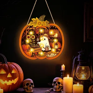 Halloween LED wooden hanging sign decoration, cute ghost and pumpkin design for holiday wall decor.
