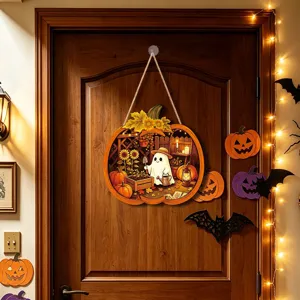Halloween wooden hanging sign decoration with cute ghost pumpkin design for indoor wall door decor.