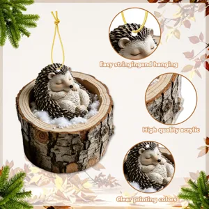 Mini acrylic hanging ornament featuring a cute sleeping hedgehog in tree stump with gold cord.