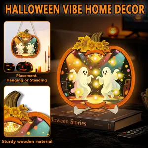 Halloween wooden glowing wall hanging and desktop ornament detail with cute ghost and pumpkin design.