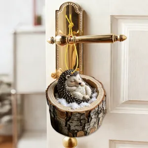 Cute sleeping hedgehog in tree stump hanging ornament for holiday door decor cozy