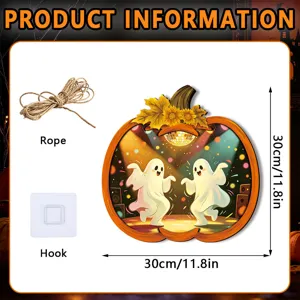 Halloween pumpkin ghost wooden hanging sign detail view with rope and hook size 30cm