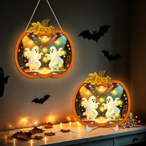 Halloween glowing wooden pumpkin decoration with cute dancing ghosts, ideal holiday party wall or desk decor piece.