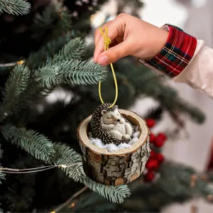 Christmas tree hanging ornament cute hedgehog in log design holiday decor gift 1pc