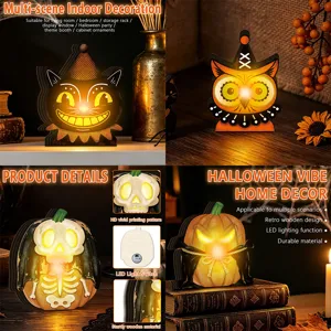 Retro Halloween Wooden Luminous Ornament LED Light Pumpkin Cat Skeleton Ghost Festival Party Tabletop Decor