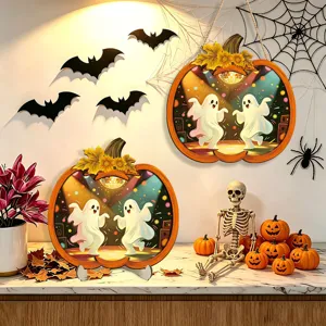 Halloween wooden glowing hanging plaque desktop ornament cute ghost pumpkin decor festival party.