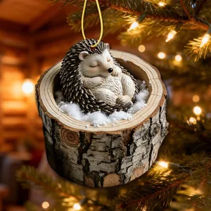 Cute sleeping hedgehog in tree stump Christmas tree hanging ornament holiday home decor
