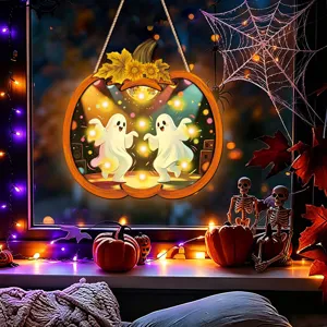 Halloween light-up wooden pumpkin hanging sign detail view, perfect for holiday home decor.