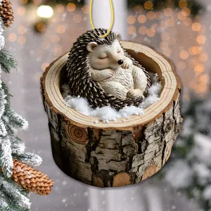 Cute sleeping hedgehog in tree stump ornament, perfect Christmas tree hanging decoration pendant.