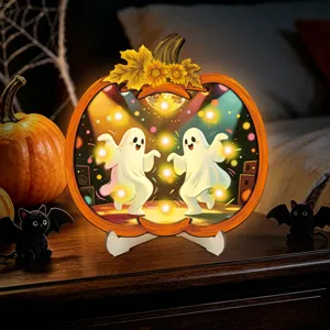 Halloween wooden light-up pumpkin ghost tabletop decoration with warm LED glowing effect.