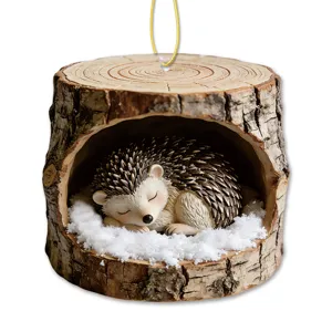 Cute sleeping hedgehog in tree hole acrylic hanging ornament for holiday home decoration.