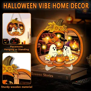 Halloween LED wooden hanging decoration and desktop standing ornament for holiday home decor.