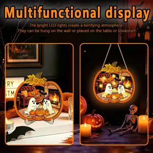 Halloween glowing wooden hanging plaque and desktop ornament with LED lights for holiday decor.