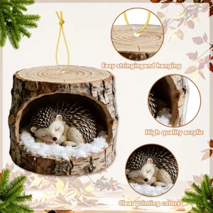 Acrylic sleeping hedgehog tree trunk hanging ornament detail showing clear printing quality.