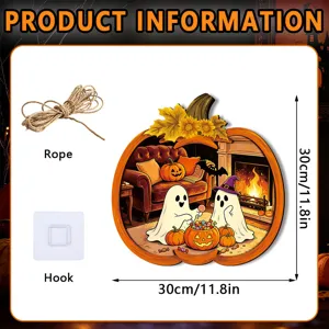 Halloween wooden hanging plaque pumpkin ghost sign with rope hook 30x30cm details