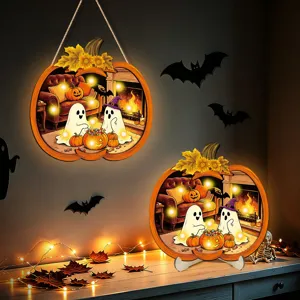 Halloween LED glowing wooden pumpkin hanging sign and tabletop ornament with spooky ghost design