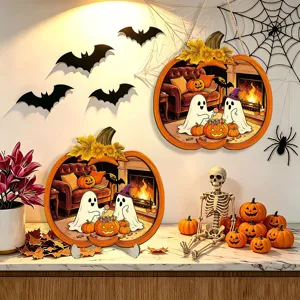 Halloween wooden hanging sign and desktop ornament with pumpkin ghost design for party decor.
