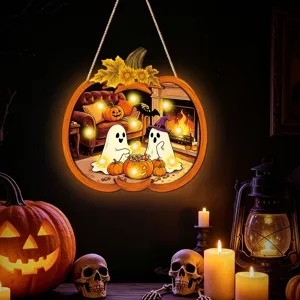 Halloween light up wooden hanging sign detail view featuring cute ghost and pumpkin artwork.